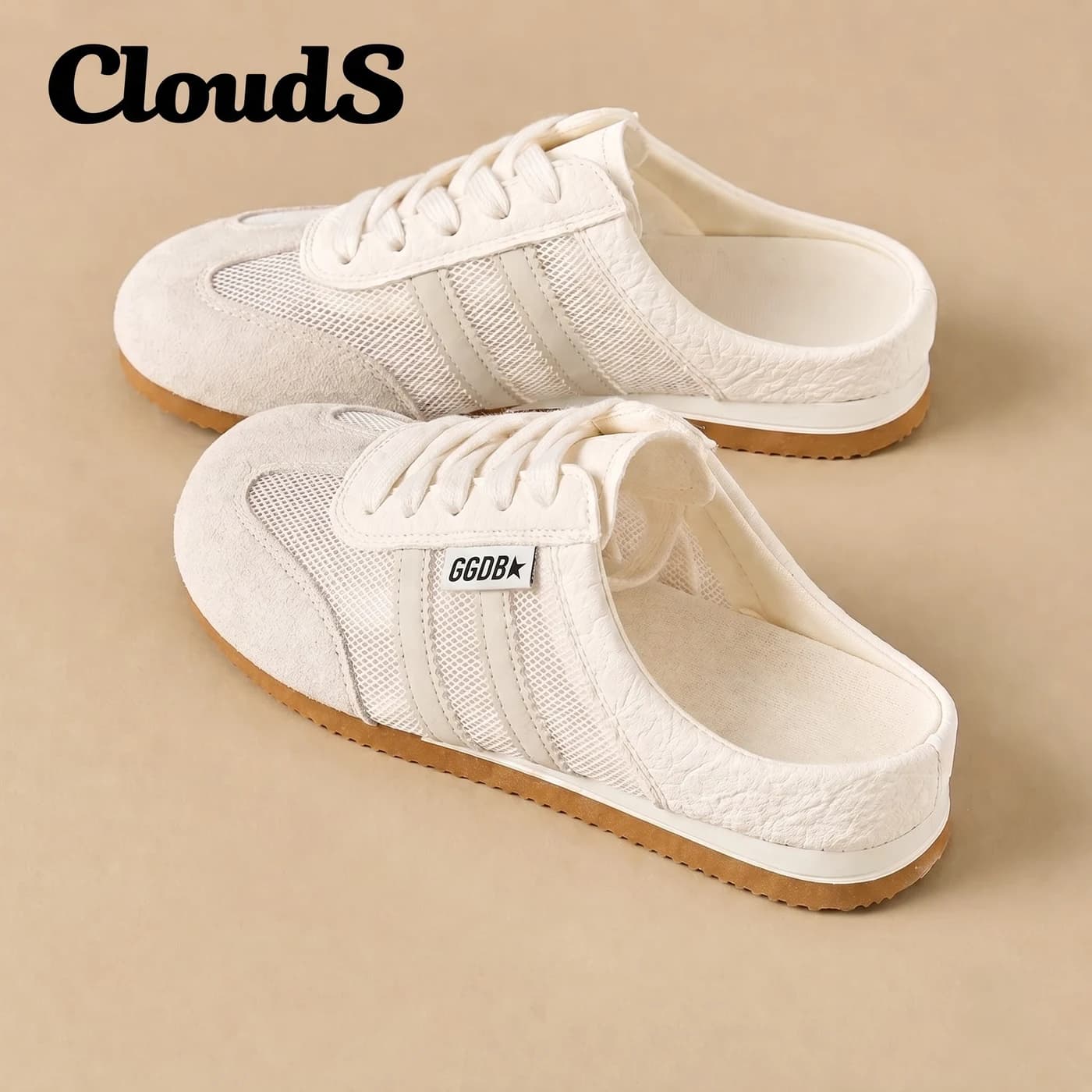 Giày Sục Đạp Gót Nữ Mule Sneaker GGOBK CloudS Vải Lưới Thoáng Khí, Êm Chân, Thời Trang – Trắng Vanilla Cream